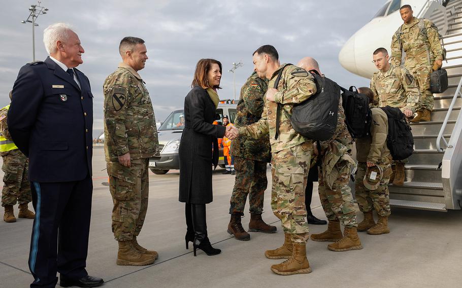 In a March 5, 2020 photo, Consul General Meghan Gregonis, U.S. Consulate Munich welcomes Col. Patrick Disney, 1st Cavalry Division as he arrives at the Nuremberg Airport. Disney and his fellow Soldiers were the first to arrive to Germany for exercise Defender-Europe 20.