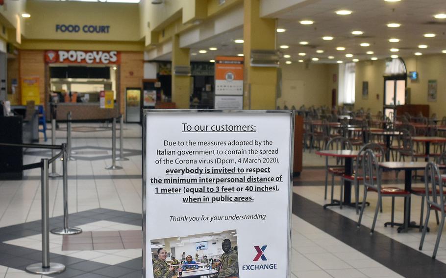 The food court at the Exchange/Commissary mall at Aviano Air Base, Italy, was closed Friday, March 13, 2020, in accordance with Italian decrees targeting the spread of the coronavirus.
