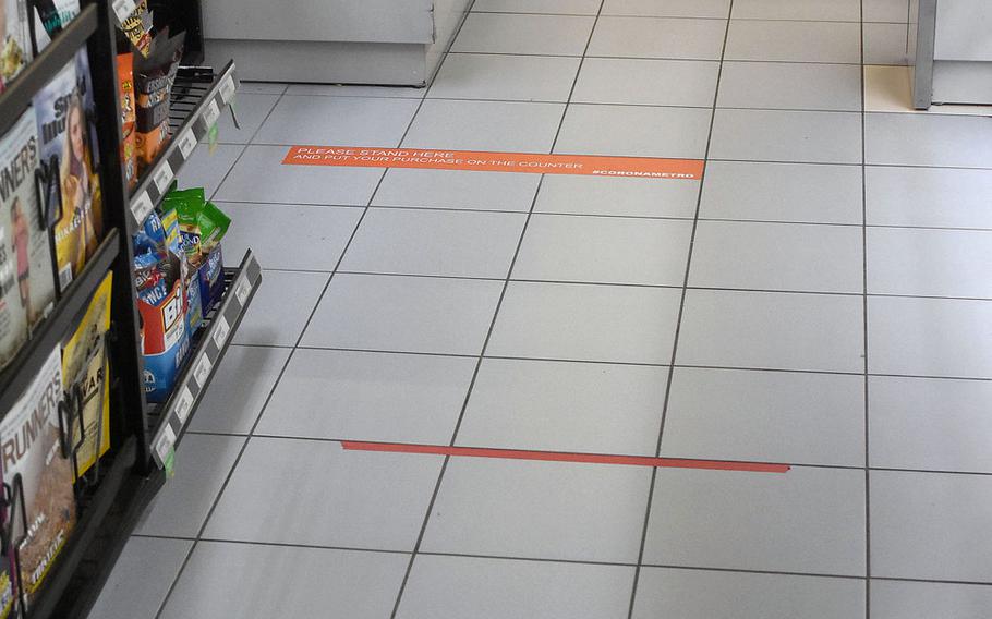 The Army and Air Force Exchange Service location at Aviano Air Base, Italy, has put down red tape at registers and other places people line up to remind customers to keep a 1-meter distance between themselves to follow Italian mandates targeting the spread of the coronavirus.

