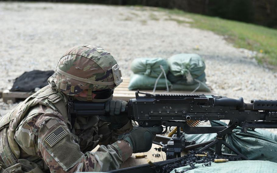 Spc. Nicholas Smith, a fire support specialist with the 41st Field Artillery Brigade, fires an M240B machine gun during an exercise at Grafenwoehr Training Area, Germany, April 17, 2020.
