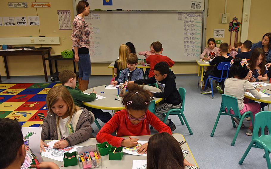 Samantha Sanchez observes second graders in her Spanish FLES class on Feb. 22, 2019, at Vogelweh Elementary School near Kaiserslautern, Germany.




