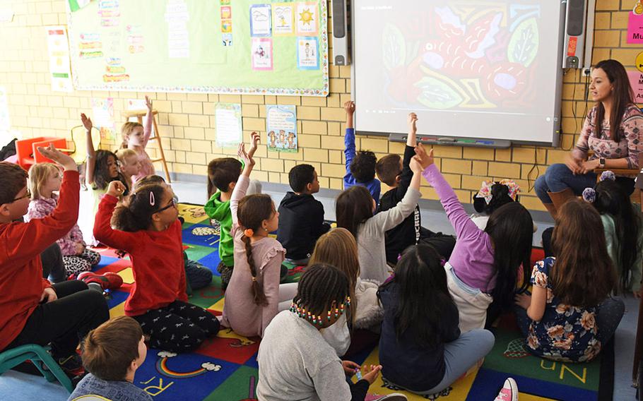 Second graders at Vogelweh Elementary School, Germany,  answer a question in teacher Samantha Sanchez's class in February 2019. All DODEA schools will close their doors for the rest of the school year with the possible exception of those in South Korea, officials said Friday.




