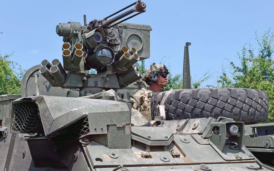 Sgt. Jashua Garcia, a Stryker gunner with the Army's 2nd Cavalry Regiment, looks out over his vehicle during Exercise Saber Guardian in Cincu, Romania, in June 2019. A report co-authored by former U.S. Army Europe commander Ben Hodges and security analyst Janusz Bugajski, released on Tuesday, May 26, 2020, calls on NATO to make the Black Sea region its focus.
