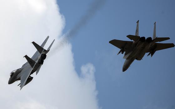 Two F-15C Eagles assigned to the 493rd Fighter Squadron fly over RAF Lakenheath, England, May 20, 2020. An F-15C from Lakenheath crashed in the North Sea, Monday, June 15, 2020, the 48th Fighter Wing said in a statement. The cause of the crash and the status of the pilot is unknown at this time, the wing said.

