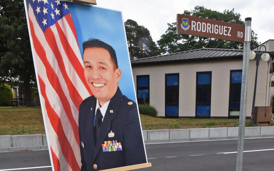 A photo of the late Air Force Maj. Rodolfo Rodriguez is displayed during a road dedication ceremony in his name on Tuesday, June 16, 2020, at Ramstein Air Base, Germany.
