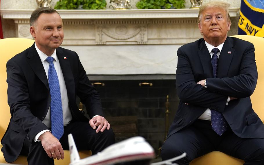 President Donald Trump meets with Polish President Andrzej Duda in the Oval Office of the White House, Wednesday, June 24, 2020, in Washington. 