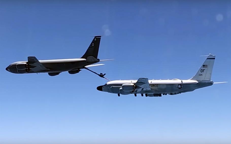 A screen capture from a YouTube video posted by the Russian defense ministry that it says was shot by the crew of a Russian Su-30 as it intercepted three U.S. military aircraft on Friday, June 26, 2020, over the Black Sea.