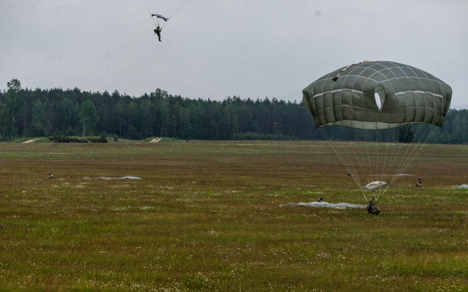 U.S. Army paratroopers from the 173rd Airborne Brigade land in a drop zone during an airborne jump at Grafenwoehr Training Area, Germany, June 10, 2020. Several soldiers from the 173rd Airborne Brigade were injured on Wednesday, July 1, 2020. 