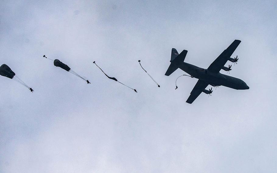 U.S. Army paratroopers from the 173rd Airborne Brigade jump from a C-130 Hercules during an airborne jump at Grafenwoehr Training Area, Germany, June 10, 2020. Six soldiers from the unit were badly injured during a training exercise jump at Grafenwoeh, June 30, 2020. A German fireman was also injured during the rescue.

Christopher Stewart/U.S. Army