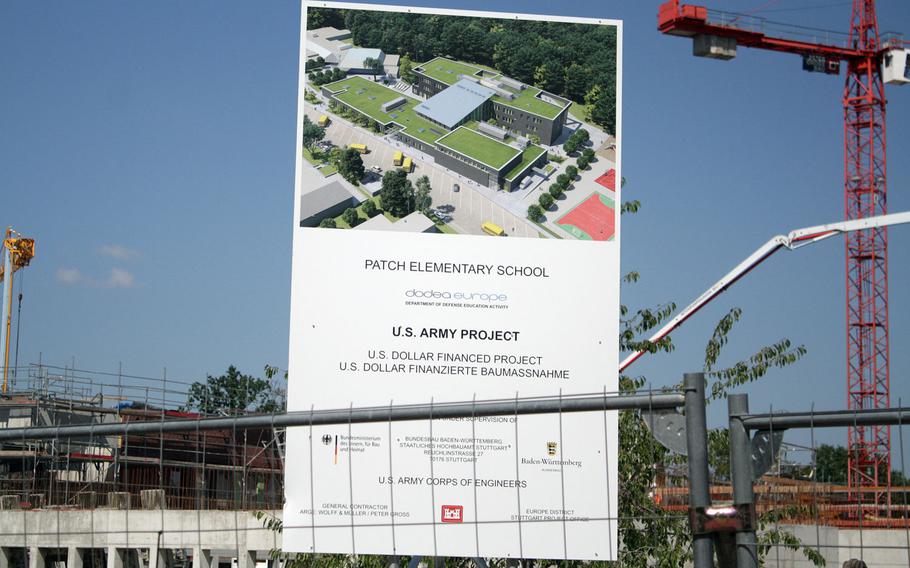 The sign outside the construction site Patch Barracks in Germany says ''US dollar financed project,'' but the $50 million investment for a new elementary school could go to waste if the U.S. military relocates from Stuttgart as planned in the coming years. 


