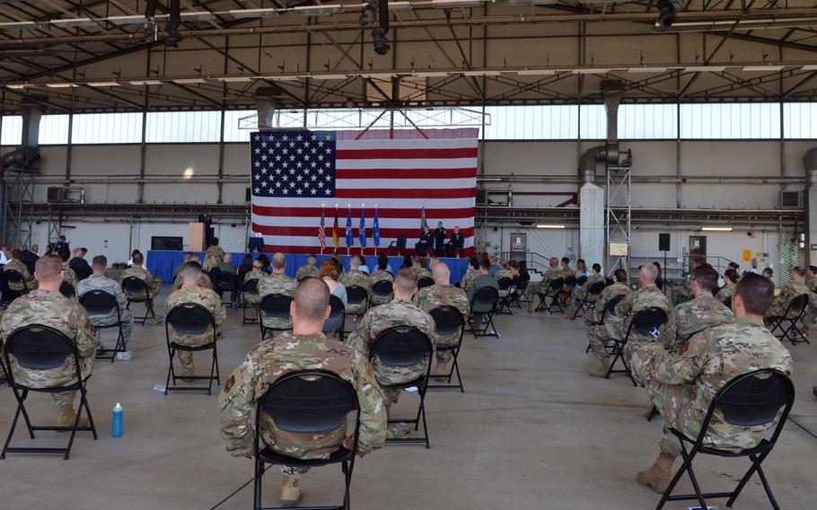 The 86th Airlift Wing's socially distanced change of command ceremony at Ramstein Air Base, Germany, Aug. 7, 2020. Brig. Gen. Joshua M. Olsen took command from Brig. Gen. Mark R. August.










