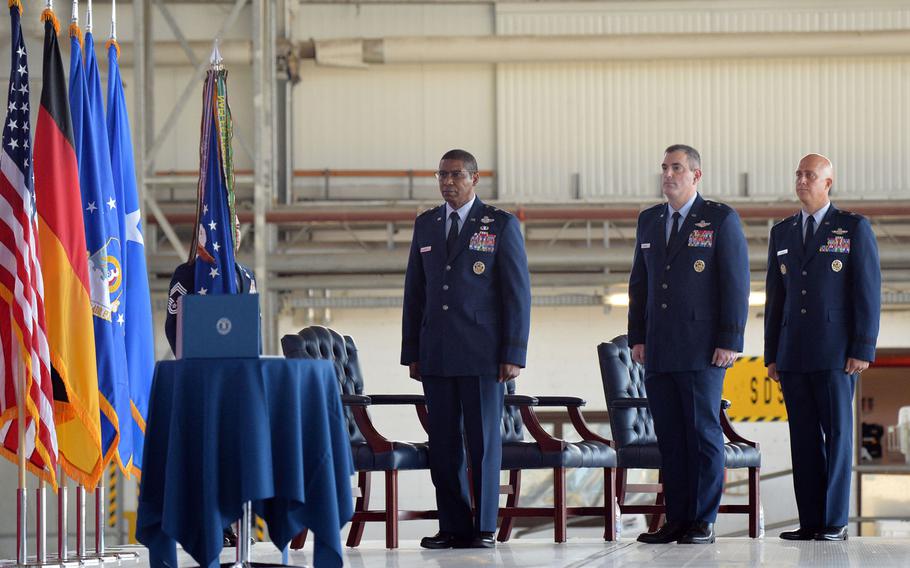 From left, 3rd Air Force commander Maj. Gen. Randall Reed, outgoing commander of the 86th Airlift Wing, Brig. Gen. Mark R. August and the incoming commander Brig. Gen. Joshua M. Olsen stand at the wing's change of command ceremony at Ramstein Air Base, Germany, Aug. 7, 2020. 










