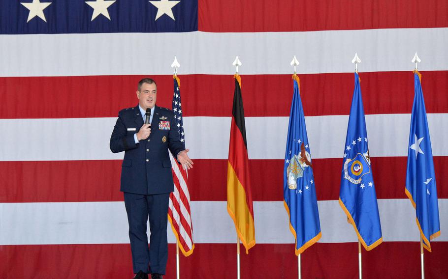 Outgoing 86th Airlift Wing commander Brig. Gen. Mark R. August speaks before turning over command to Brig. Gen. Joshua M. Olsen at the change of command ceremony at Ramstein Air Base, Germany, Aug. 7, 2020. 










