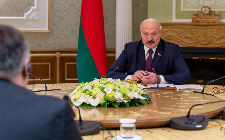 U.S. Secretary of State Mike Pompeo meets with Belarusian President Alexander Lukashenko in Minsk, Belarus, on Feb. 1, 2020. 