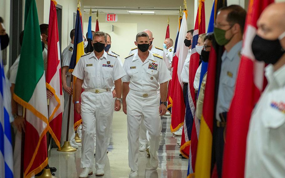 U.S. Navy Vice Adm. Andrew Lewis and British Royal Navy Rear Adm. Andrew Betton host a ceremony at Naval Support Activity Hampton Roads, in Norfolk, Va., Sept. 17, 2020, to mark the start of operations of NATO's Atlantic Command.