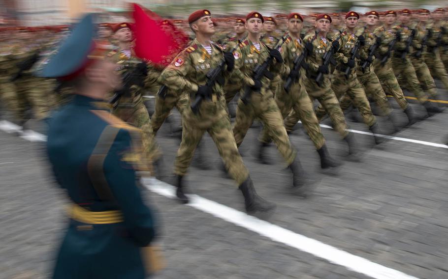 Russian troops march during the Victory Day military parade to celebrate 74 years since the victory in WWII in Red Square in Moscow, Russia, Thursday, May 9, 2019. 