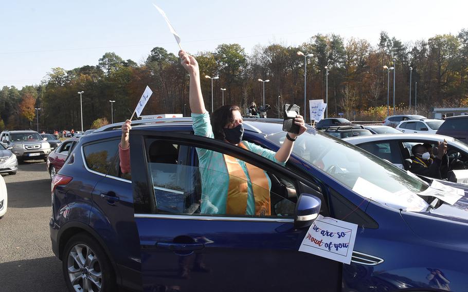 Family and friends cheered from their cars for graduates at the University of Maryland Global Campus Europe commencement ceremony on Saturday, Nov. 7, 2020, in Kaiserslautern, Germany.
