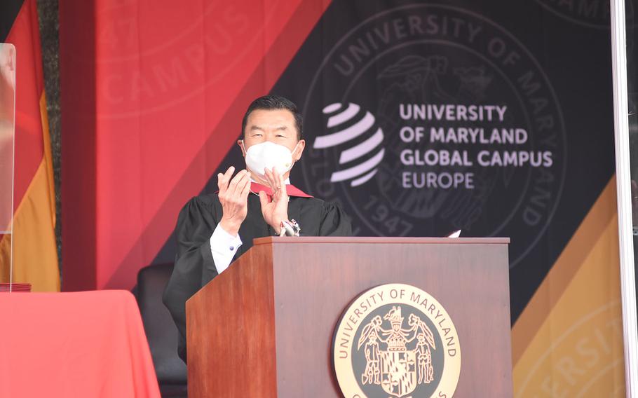 Tony Cho, University of Maryland Global Campus Europe vice president, spoke briefly during the commencement ceremony for the university's class of 2020 on Saturday, Nov. 7, 2020, in Kaiserslautern, Germany. 
