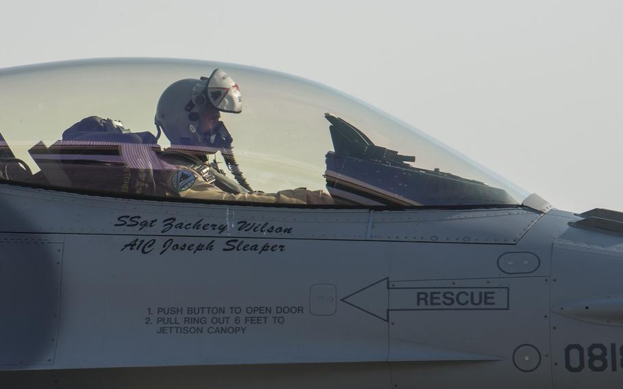 U.S. Air Force Capt. Logan Mitchell, 480th Fighter Squadron F-16 Fighting Falcon pilot, taxis on the flight line after arriving at Al Dhafra Air Base, United Arab Emirates, Nov. 12, 2020. A contingent of F-16s and support personnel from the 52nd Fighter Wing, Spangdahlem Air Base, Germany, are deployed to the UAE.
