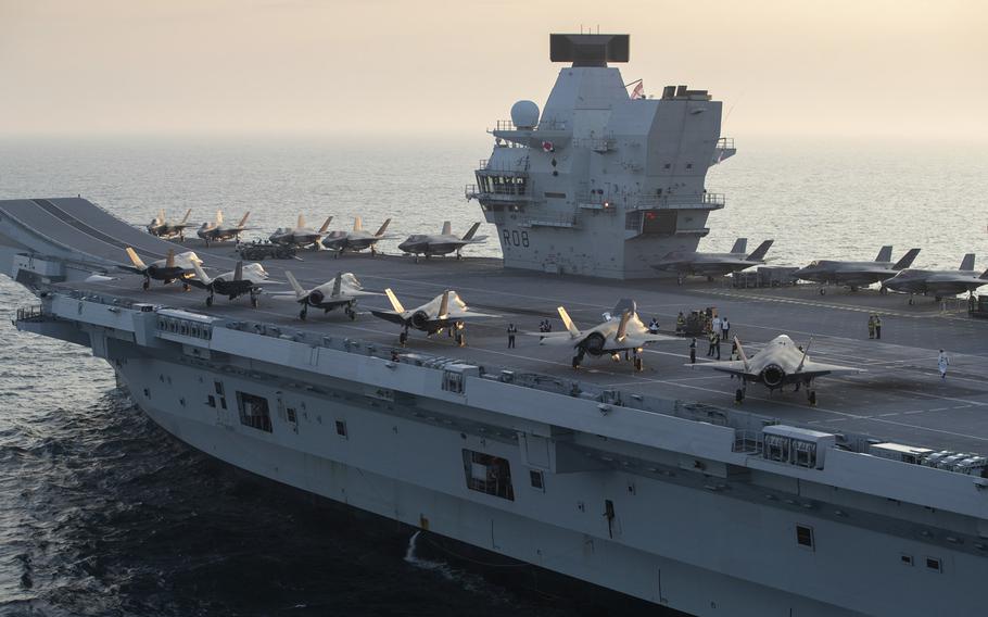 U.S. Marine Corps F-35B Lightning II Joint Strike Fighters and the United Kingdom's Lightning 617 Squadron, are shown shortly after embarking HMS Queen Elizabeth in September 2020, off the U.K. coast. Acting Secretary of Defense Christopher C. Miller lauded U.K. plans to give its military the largest spending boost it has seen in 30 years.

