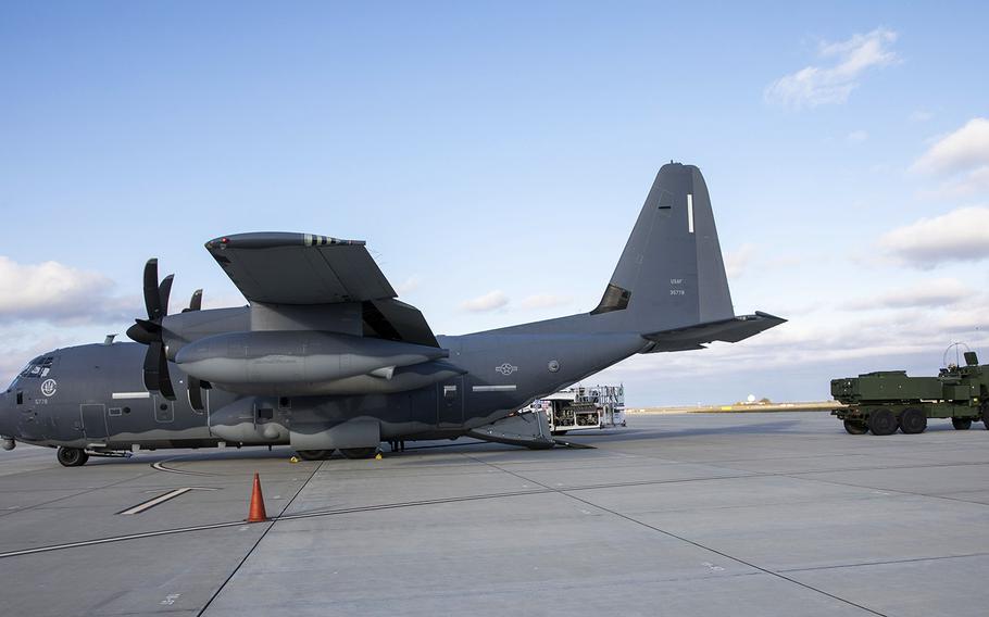 Soldiers assigned to 1st Battalion, 77th Field Artillery Regiment unload High-Mobility Artillery Rocket Systems, or HIMARS, from 352nd Special Operations Wing's U.S. Air Force MC-130J Commando II as part of exercise Rapid Falcon in Romania on Nov. 19, 2020.