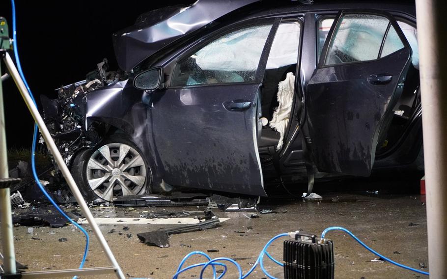 Airbags are deployed in one of the cars involved in the accident that occurred in Amberg, Germany, on Thursday, Nov. 19, 2020, in which the 8-year-old child of a U.S. service member was seriously injured. The child's mother and the German driver involved sustained minor injuries. 
