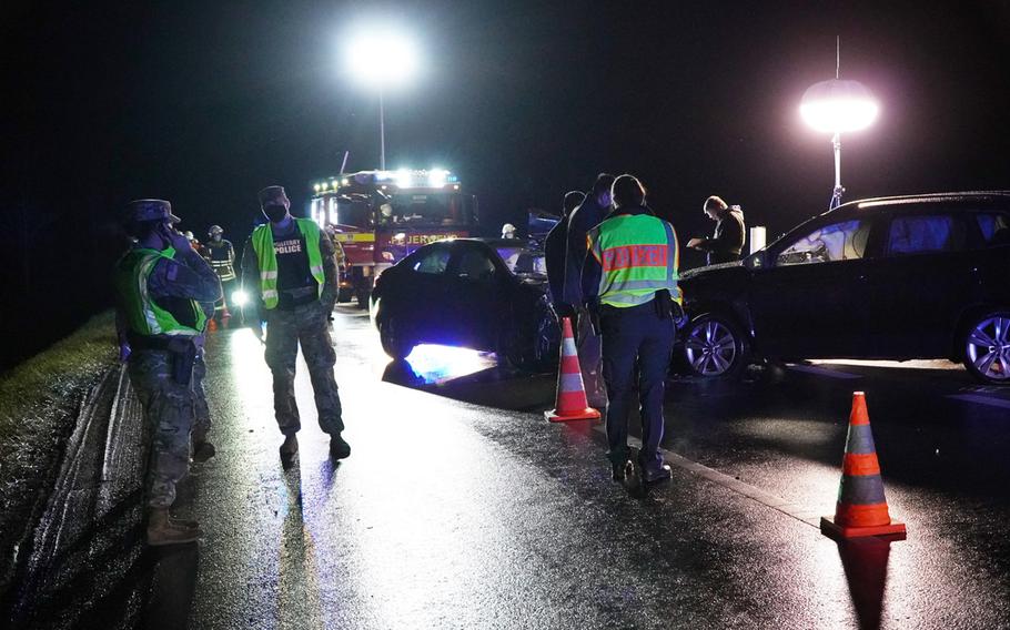 U.S. military police at the scene of a traffic accident in Amberg, Germany, where the 8-year-old child of a U.S. soldier was seriously injured Nov. 19, 2020. 