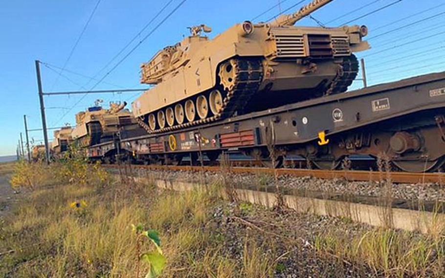 Tanks of the 1st Armored Brigade Combat Team, 1st Cavalry Division, from Fort Hood, Texas are loaded on railway cars in this photo taken from the unit's official Facebook page. The brigade formally takes over the Atlantic Resolve mission on Nov. 30, 2020, when it replaces the 2nd Armored Brigade Combat Team, 3rd Infantry Division as the Army's rotational tank brigade in Europe.