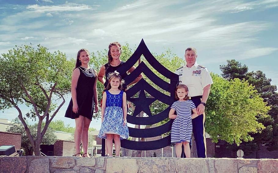 Sgt. Maj. Fred Tolman and wife Kelly pose with three of their four children at Fort Bliss, Texas, before recently heading to their posting with the 173rd Airborne Brigade in Vicenza, Italy. The family spent two weeks under quarantine, as all new arrivals must, and Kelly Tolman said she considered their family time together ''a blessing.''