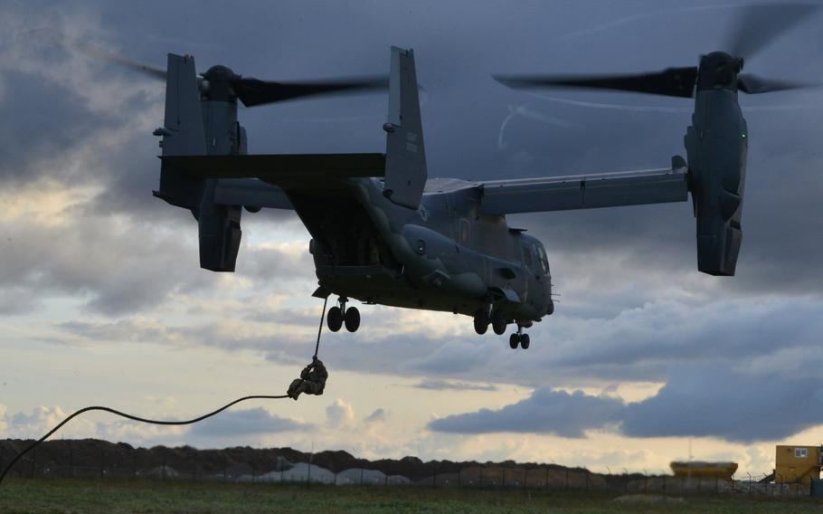 A U.S. Air Force CV-22 Osprey, assigned to the 352d Special Operations Wing, trains near Amari, Estonia, in September 2019. A new special operations site in Latvia that officially opened in November 2020 includes two helipads that can be used by the Ospreys.

