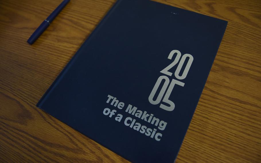 A yearbook from the class of 2005 sat on a table inside senior hall at Ramstein High School at Ramstein Air Base, Germany. The school’s senior class officers found the same yearbook covered in dust in the time capsule they opened on Friday, Dec. 11, 2020, left by the class of 2005.
