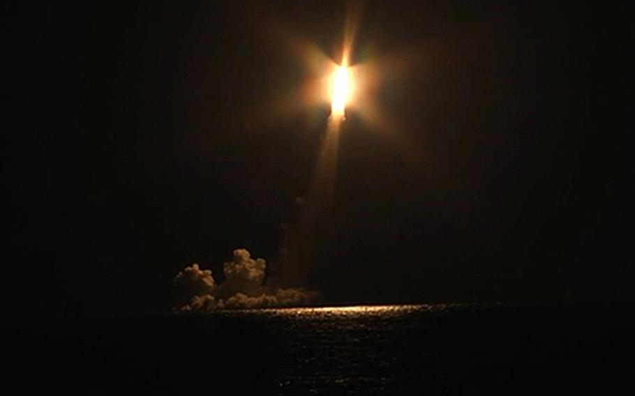 The Russian strategic missile submarine Vladimir Monomakh fires a salvo of four Bulava ballistic missiles as part of planned combat training activities, Dec. 12, 2020. Warnings of a missile attack went off at Ramstein Air Base, Germany, the same day, only to be called off a few minutes later.