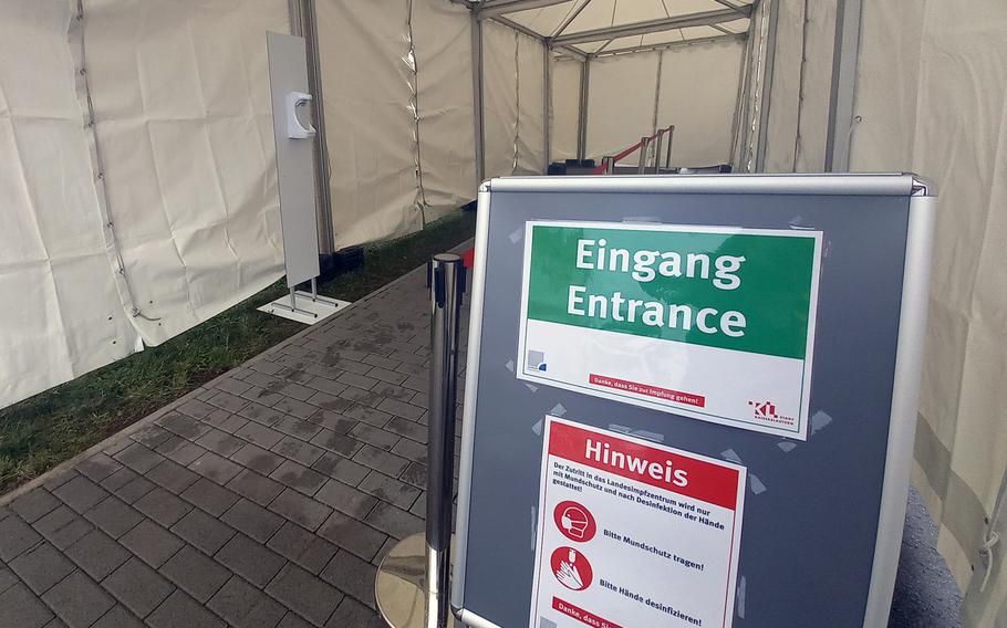 The entrance of the Kaiserslautern, Germany, vaccination center, Dec. 17, 2020.

