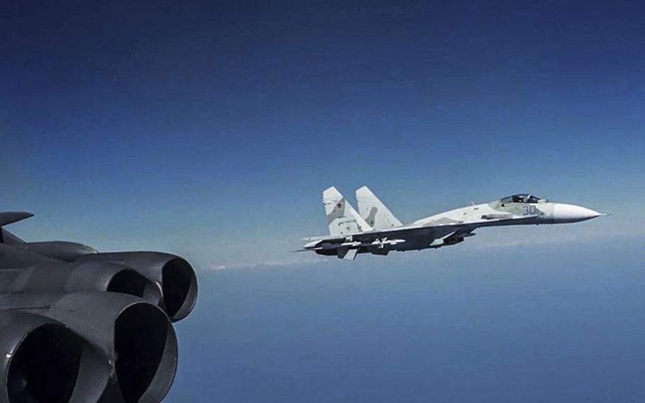 A Russian Su-27 Flanker jet flies alongside a U.S. Air Force B-52 bomber conducting operations over Black Sea international waters, Aug. 28, 2020. About 90% of the more than 400 NATO warplane scrambles in 2020 were connected to Russian military aircraft, marking a slight increase from 2019, the alliance says.
Capture from U.S. Air Force video