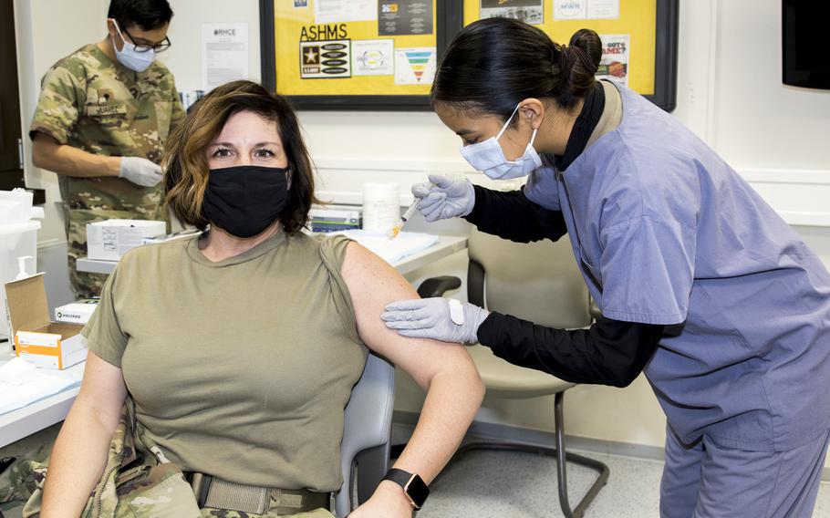 Maj. Shara Fisher, commander of the U.S. Army Health Clinic Kaiserslautern, Germany, was first to receive the coronavirus vaccine at the facility on Dec. 30, 2020, as the military works to vaccinate personnel in Europe against the virus.


