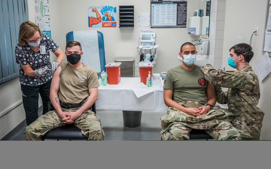 U.S. military personel receive the Moderna COVID-19 vaccine at the Wiesbaden, Germany clinic, Dec. 30, 2020. The U.S. military’s campaign to vaccinate personnel in Europe against the coronavirus gathered steam this week as health care workers on the front lines of fighting COVID-19 were inoculated at bases in Germany and the United Kingdom.
