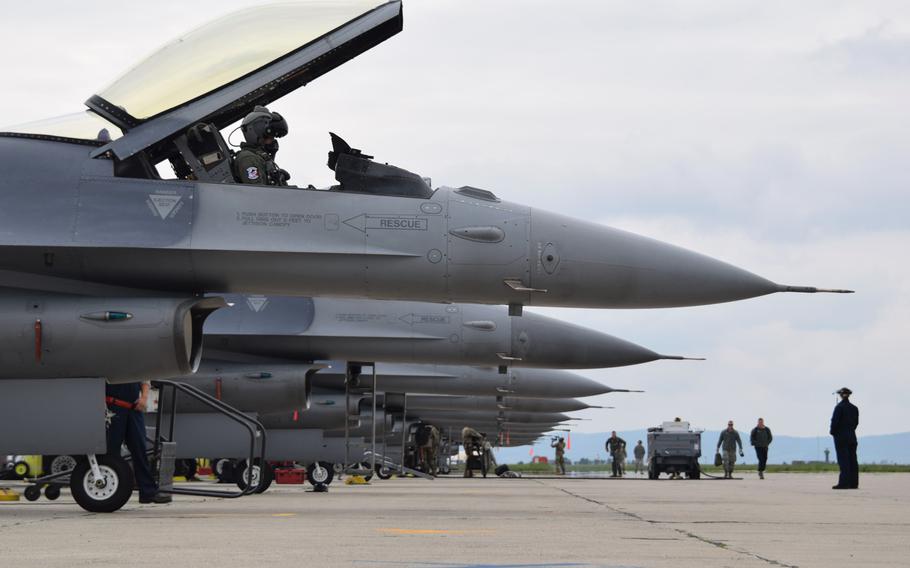 Airmen assigned to the 301st Fighter Wing, Naval Air Station Joint Reserve Base Fort Worth, Texas, prepare to launch F-16C Fighting Falcons at Campia Turzii, Romania, in May 2019. The Air Force is moving 90 airmen and an unspecified number of MQ-9 Reaper drones to the Cold War-era base, boosting military capabilities in a region where Russia has been flexing its military muscle. 
