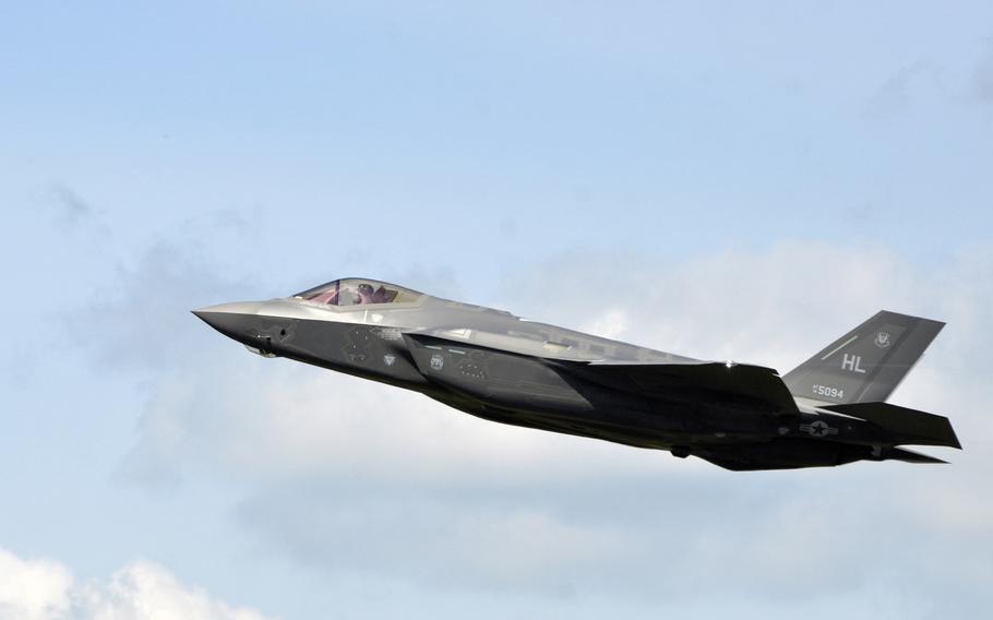 An F-35A Lightning II from Hill Air Force Base, Utah, takes off from RAF Lakenheath, England, in 2017. The search for a name for the 495th Fighter Squadron, the first F-35 unit that will be based in Europe, is down to five finalists: Archangels, Sabres, Sentinels, Swordsmen and Valkyries.



