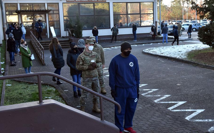 The line to get the COVID-19 vaccine at Ramstein Air Base, Germany, snaked around the Southside Fitness Center on Friday, Jan. 15, 2021. Some people reported waiting over an hour to get the vaccine.

