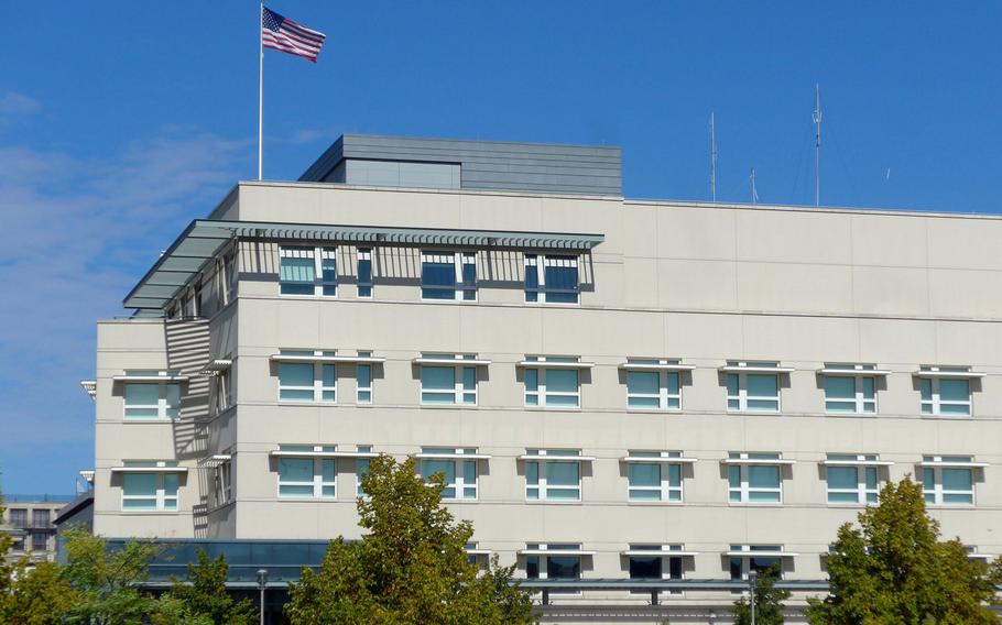 The American flag flies over the U.S. Embassy in Berlin, Germany. 