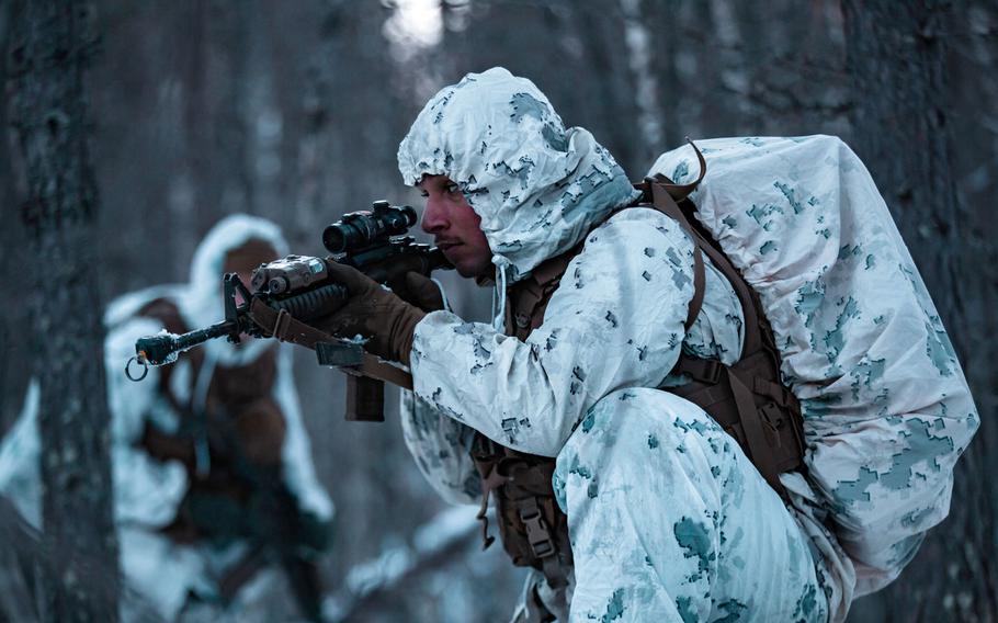 U.S. Marines move through the forest on a patrol during Exercise Reindeer II in Setermoen, Norway, in November 2020. The Marine Corps is assessing what to do with 1,000 Marines who are in Norway for a large training exercise which has been canceled amid concerns about an increase in coronavirus cases in the country.

