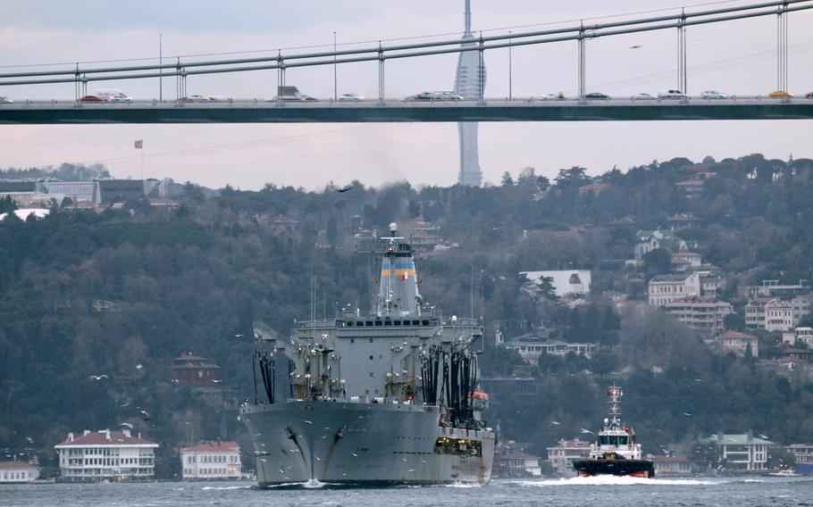 The USNS Laramie enters the Black Sea, Jan. 24, 2021. The U.S. Navy has three warships operating in the Black Sea as of Thursday, Jan. 28, 2021.