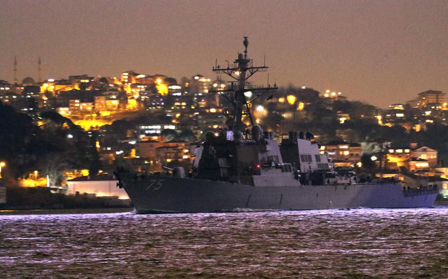 The USS Donald Cook enters the Black Sea at night, Jan. 23, 2021. The U.S. Navy has three warships operating in  the Black Sea as of Thursday, Jan. 28, 2021.

