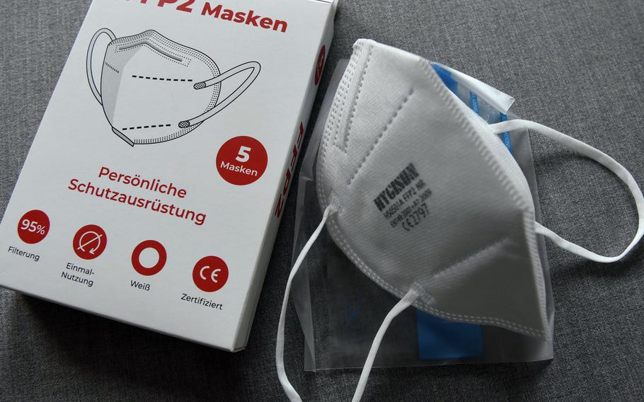 A box of FFP2 face masks from a drugstore near Kaiserslautern, Germany. Medical-grade masks must be worn at shops, the post office and other public facilities on Ramstein Air Base and other Air Force properties in the area starting Monday, Feb. 1, 2021. 

