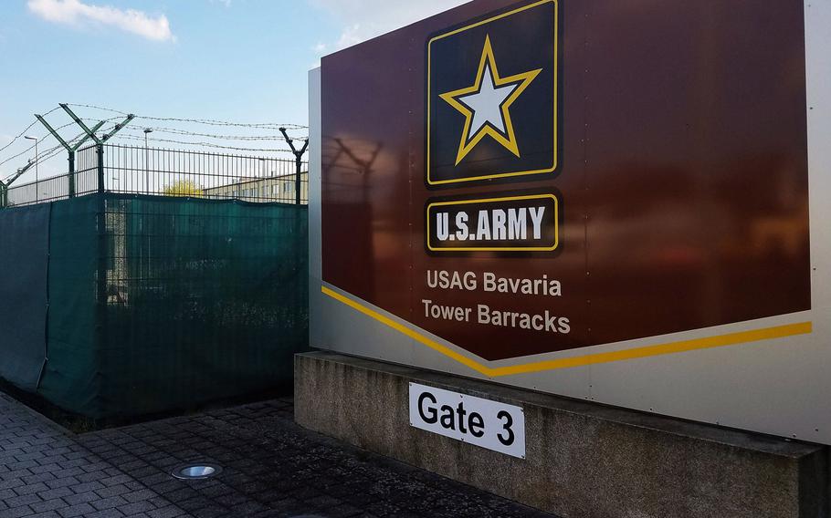 The main gate of the Grafenwoehr Training Area's Tower Barracks, in Grafenwoehr, Germany, in April 2018. Soldiers in Bavaria will be allowed to wear uniforms off-post for a trial run starting Feb. 15, 2021.

