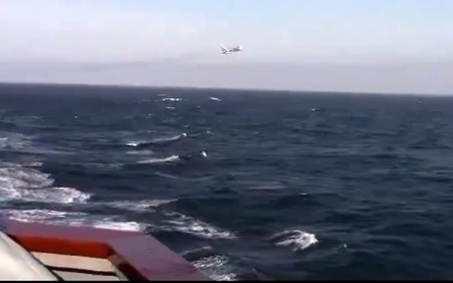 In this screenshot, a Russian Su-24 jet flies low past the U.S. Navy destroyer USS Donald Cook in the Black Sea, Jan. 31, 2021.
