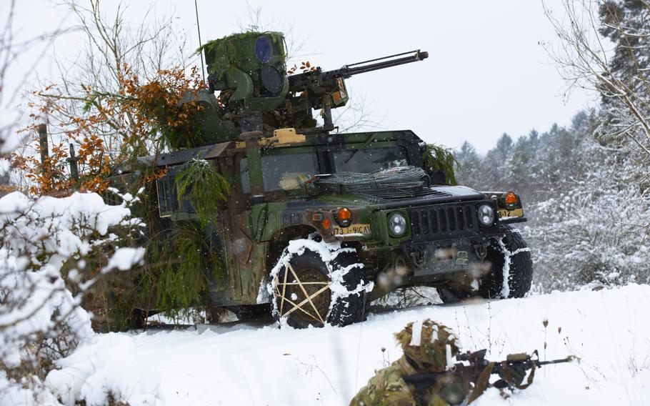 Soldiers assigned to 1st Squadron, 91st Cavalry Regiment, conduct troop dismount reconnaissance training for a platoon external evaluation at Hohenfels, Germany on Jan. 26, 2021. The evaluation allowed troop and squadron commanders to assess the unit's readiness prior to the Combined Resolve XV exercise, which began Feb. 1.