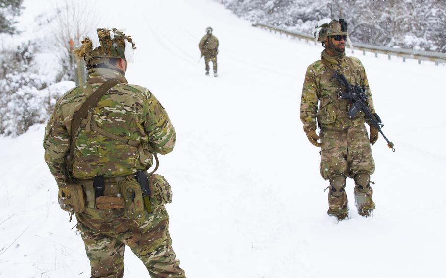 Soldiers assigned to 1st Squadron, 91st Cavalry Regiment, conduct troop dismount reconnaissance training for a platoon external evaluation at Hohenfels, Germany on Jan. 26, 2021. The evaluation allowed troop and squadron commanders to assess the unit's readiness prior to the Combined Resolve XV exercise, which began Feb. 1. 

