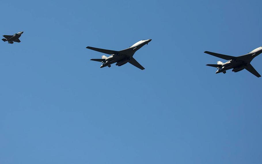 A pair of B-1B Lancers fly with Norwegian F-35s during a training mission for Bomber Task Force Europe, May 20, 2020. Some 200 Air Force personnel are deploying to Orland Air Base, Norway, with a B-1 bomber squadron to support bomber missions from the base, marking the first bomber deployment to Norway.  

