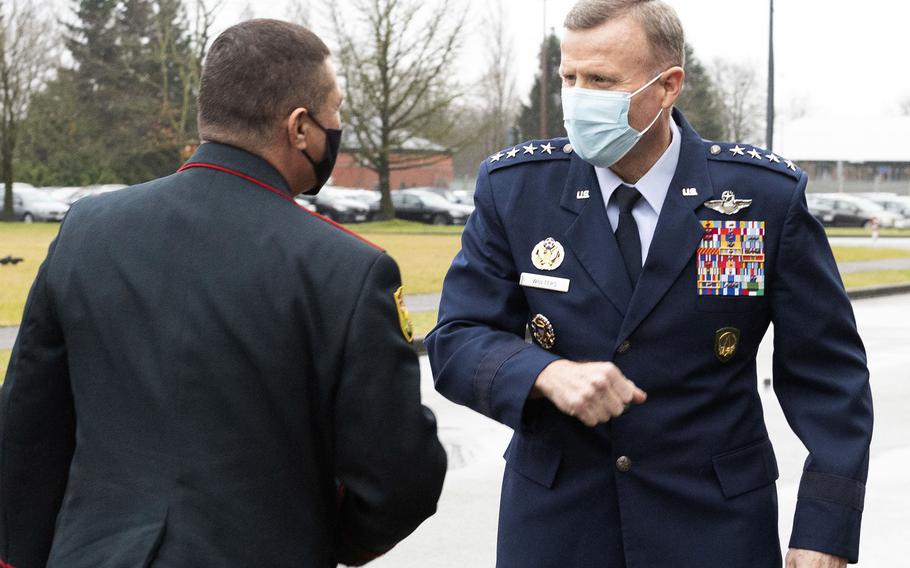 U.S. European Command's Gen. Tod D. Wolters welcomes Moldovan defense chief Brig. Gen. Igor Gorgan to Supreme Headquarters Allied Powers Europe at Mons, Belgium, Jan. 28, 2021. Wolters said Wednesday, Feb. 3, that previous administration's proposal to move 12,000 service members out of Germany will be reexamined. 

